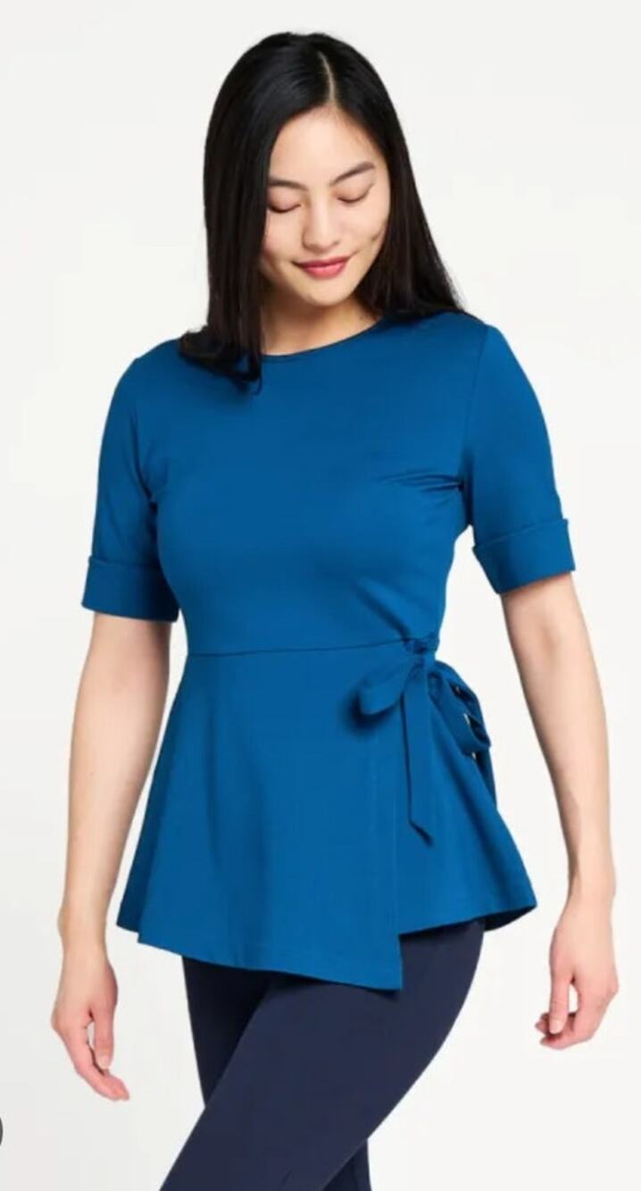 Betabrand Teal Blue Peplum Tie Faux Wrap Keyhole Back L NWOT Office Boss Babe